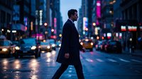 Professional businessman walking across busy city street at night with blurred traffic lights and urban bokeh background for corporate lifestyle concepts.