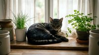 Tabby cat resting on wooden windowsill surrounded by potted plants and ceramic containers in bright natural light creating cozy indoor garden atmosphere.