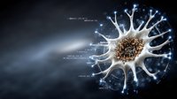 Glowing neuron cell with digital data connections on dark background, illustrating artificial intelligence and neural network technology in medical research.