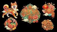 Shiba inu dog and traditional Asian ornaments with red and gold colors isolated on transparent background, ready for t-shirt design, stickers, clipart and print-on-demand products.