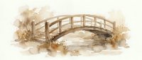 Wooden arched bridge over water with autumn foliage in soft watercolor style, suitable for nature, landscape, and seasonal design projects.