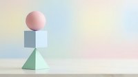 Pastel geometric shapes stacked in balance: pink sphere, blue cube, and green pyramid on soft gradient background.