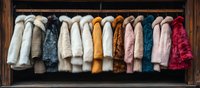 Collection of luxurious fur coats in various colors hanging on rack against dark wooden background, showcasing winter fashion retail display.