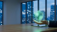 Young professional male holding glowing green shield symbol on smartphone at office desk with city skyline view, representing cybersecurity, data protection, and digital safety solutions for business.