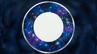 Cosmic galaxy watercolor circle frame with stars and nebula in deep blue purple hues, isolated white center space for text or design elements.