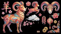 Colorful Chinese zodiac goat clipart set with floral patterns, firecrackers, coins, and lanterns, isolated on transparent background, for T-shirts, stickers, print on demand.