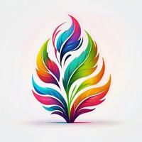 Vibrant multicolored feather-like leaf shape with flowing curves and gradient effects on light background, isolated design element for creative projects and branding.