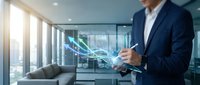 Businessman in dark suit holding tablet with glowing digital graph overlay in modern office with city skyline view, representing data analysis and business growth.