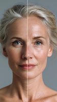 Before and after comparison showing aging process and skincare results on mature Caucasian woman with blonde hair and blue eyes against neutral background.