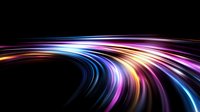 Vibrant curved light trails in motion against black background create dynamic flowing effect with blue, pink, purple and golden colors for technology designs.