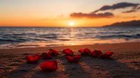 Red rose petals scattered on sandy beach at dramatic orange sunset with ocean waves and mountain silhouette, romantic seaside atmosphere for Valentine's day background.