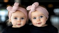 Twin baby girls wearing matching pink knotted headbands and black shirts smile sweetly at camera. Adorable siblings portrait captures pure childhood joy.