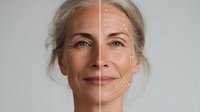 Comparison of mature woman's face showing skin transformation with anti-aging treatment, before and after effect on wrinkles and complexion against neutral background.