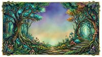 Enchanted forest landscape with ancient trees, glowing pathway, and magical woodland atmosphere at sunrise or sunset.