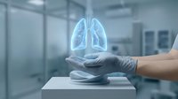 Medical professional holding holographic lungs projection in modern healthcare facility for respiratory system education and pulmonology consultation.