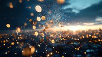 Magical sunset cityscape with glowing golden bokeh particles floating in foreground creating dreamy atmospheric effect against blurred urban skyline.