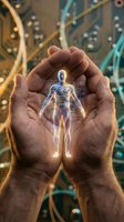 Hands holding glowing digital human figure with neural network visualization, representing healthcare technology, artificial intelligence in medicine, and futuristic medical innovation for digital health solutions.