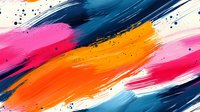 Vibrant diagonal brush strokes in pink, orange and blue colors with paint splatters on white background create dynamic abstract composition for modern wall art and design projects.