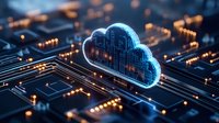 Glowing digital cloud symbol on circuit board with orange light effects represents cloud computing, data storage, and network connectivity technology.