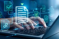 Professional hands typing on laptop with digital document management interface displaying approval checkmarks and file icons for business workflow automation.