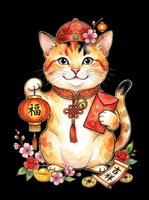 Cute lucky cat wearing traditional red hat and holding lantern, isolated on transparent background. Ready for t-shirt design, stickers, clipart, print-on-demand products and sublimation projects.