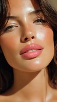 Close-up portrait of young Hispanic woman with glowing skin, glossy coral lips, and natural makeup in warm sunlight. Dewy complexion and sensual expression.