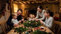 Happy family making Christmas wreaths together at rustic wooden table with festive decorations and warm lighting creating cozy holiday atmosphere.