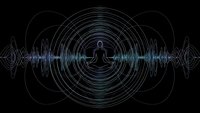Meditation silhouette surrounded by colorful sound waves and energy circles on black background for wellness and mindfulness designs.