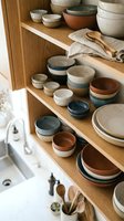 Handmade ceramic bowls and plates on wooden kitchen shelves, earthy tones, rustic stoneware collection in a bright modern home interior.