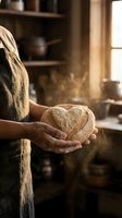 Baker hands holding fresh artisan bread loaf with flour dust in warm rustic kitchen atmosphere for culinary and food preparation concepts.