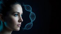 Young Caucasian woman scientist with blue eyes gazing at glowing DNA double helix structure against dark background for genetic research concepts.