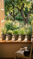 Fresh herbs in gray pots on a sunny wooden windowsill, cat resting on a chair, lush garden with blooming flowers visible through the window.