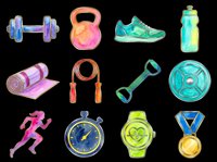 Colorful fitness and sports equipment set isolated on transparent background, ready for t-shirt designs, clipart, stickers, sublimation and print-on-demand projects.