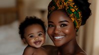 Young African American mother wearing traditional colorful headwrap embraces laughing baby, both showing bright genuine smiles in warm indoor lighting setting.