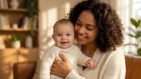 Happy African American mother holding smiling baby in cozy home interior with natural lighting and plants creating warm family bonding moment for parenting content.