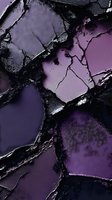 Crushed purple eyeshadow palette with dark fragments and powder texture creating abstract pattern. Macro cosmetic photography showing makeup product details.