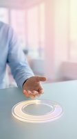 Businessman hand hovering over glowing circular hologram interface on modern desk in bright office environment for technology and innovation concepts.