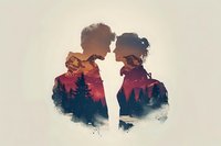 Romantic double exposure silhouette of young couple in love combined with sunset mountain landscape and pine forest. Perfect for Valentine's cards and relationship concepts.