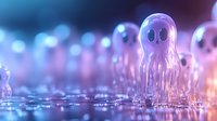 Glowing neon ghost figures with translucent ethereal forms floating in blurred bokeh environment, suitable for Halloween, supernatural, and digital art projects.