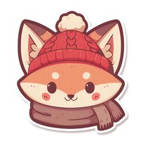 Cute kawaii fox character wearing winter red knit hat and brown scarf, cartoon style illustration on white background, sticker design format.