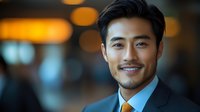 Confident Asian businessman in blue tie and dark suit smiling at camera with warm bokeh background lighting creating professional corporate atmosphere.