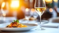 Elegant pasta dish with fresh herbs served alongside glass of white wine on restaurant table with warm ambient lighting and soft bokeh background.
