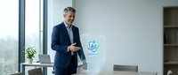Confident mature Caucasian businessman in navy suit presenting holographic technology display in modern office conference room for corporate meetings.
