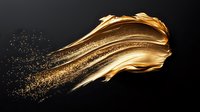 Luxurious gold liquid cosmetic smear with glitter particles flowing in dark space. Abstract dynamic fluid art texture for beauty product advertising.