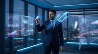 Businessman in dark suit interacting with holographic data visualizations and digital charts in modern office with city skyline view at night for corporate technology concepts.