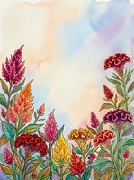 Watercolor celosia flowers in vibrant red, orange, yellow and pink tones with green leaves on a soft pastel background with copy space.