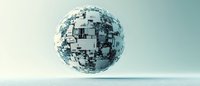 Futuristic technological sphere composed of cubic geometric shapes floating above reflective surface in minimalist scene with soft teal lighting atmosphere.