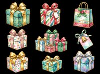 Watercolor Christmas gift boxes clipart set, isolated on transparent background. Colorful holiday presents with bows, shopping bag, and tag for stickers, t-shirt design, print on demand.