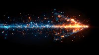 Digital sound wave visualization with glowing blue and orange light particles flowing in motion against black background, creating dynamic audio spectrum effect.