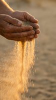 Hands of male farmer pouring golden grain through fingers at harvest time, agricultural work and crop production.